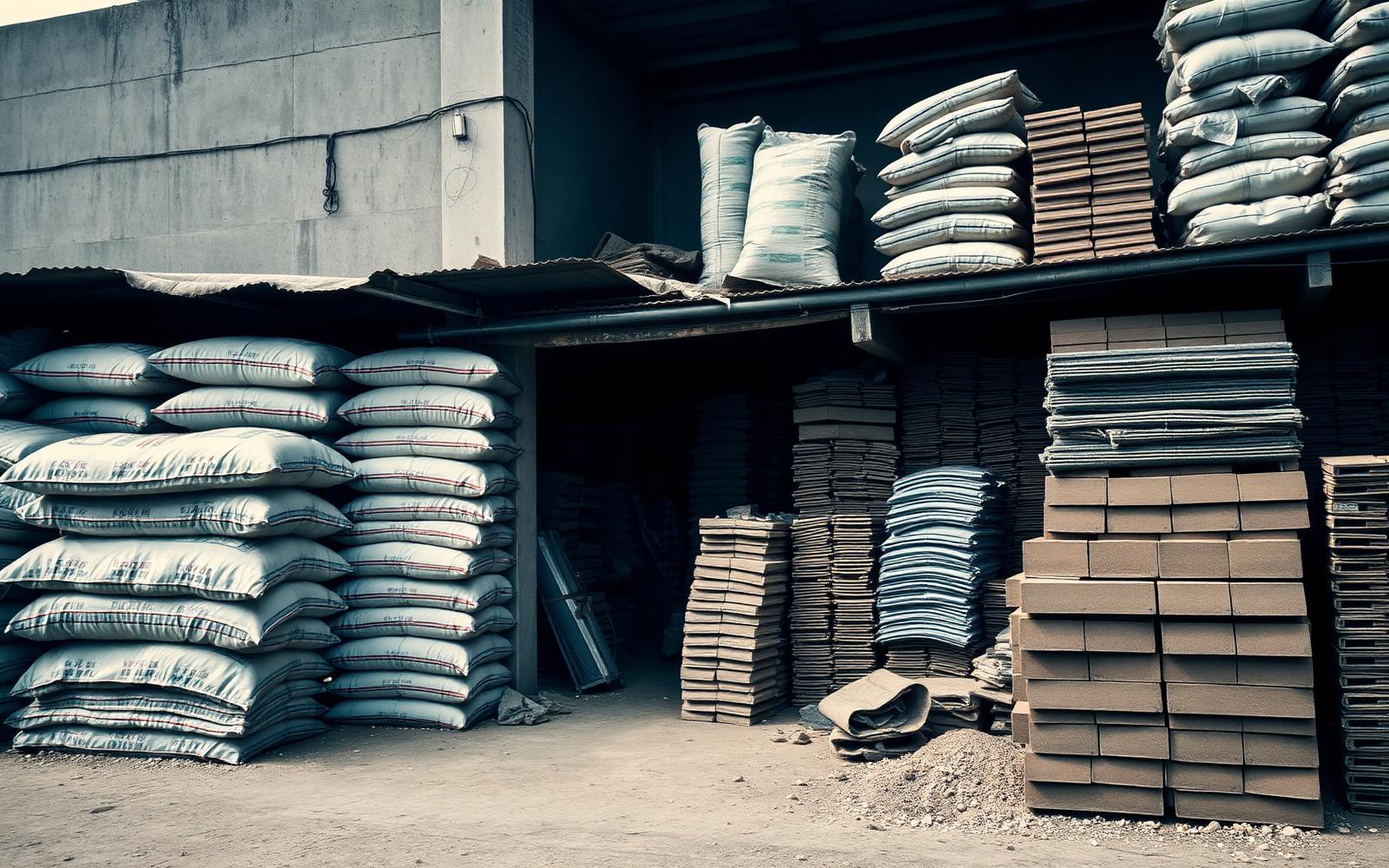 Depósito de materiais de construção com sacos de cimento, tijolos e telhas